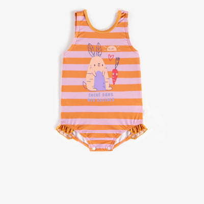 Maillot une-pièce ligné orange et mauve avec illustration, bébé || Orange and purple one-piece swimsuit with illustration, baby