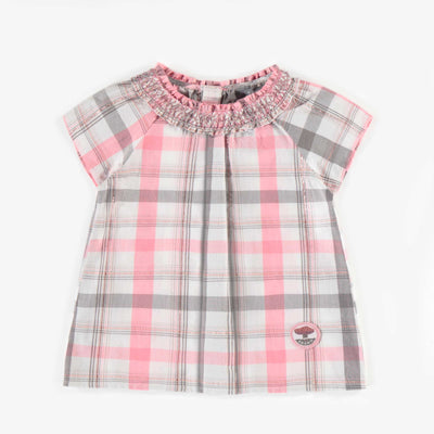 Blouse tunique rose à carreaux en coton gaufré, bébé || Plaid pink tunic blouse in seersucker cotton, baby