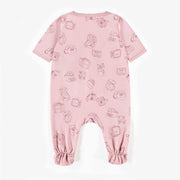 Pyjama rose à manches courtes en coton biologique extensible, naissance || Pink patterned short-sleeve pyjamas in stretch organic cotton, newborn