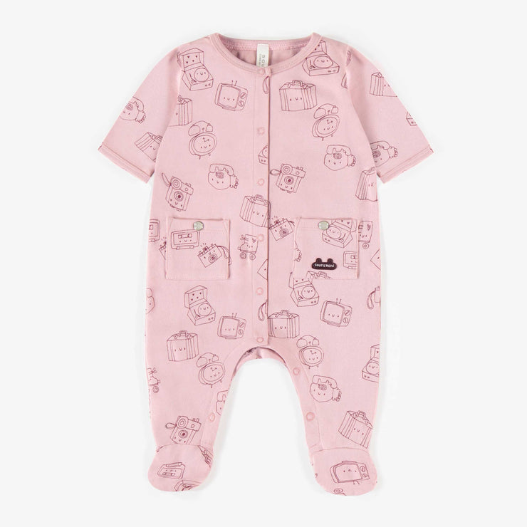 Pyjama rose à manches courtes en coton biologique extensible, naissance || Pink patterned short-sleeve pyjamas in stretch organic cotton, newborn
