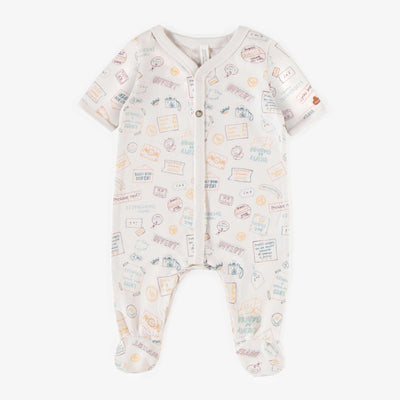 Pyjama crème à motifs avec manches courtes en coton biologique extensible, naissance  || Cream patterned short sleeves pyjamas in stretch organic cotton, newborn