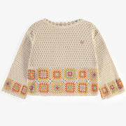 Chandail crème à motifs en crochet colorés, adulte || Cream patterned sweater in colored crochet, adult