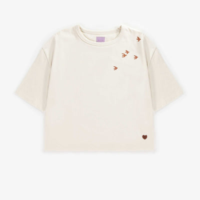 T-shirt crème avec envolé d’oiseaux en coton, adulte || Cream t-shirt with birds flying in cotton, adult