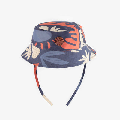 Chapeau de soleil bleu à motifs de feuilles colorées, bébé || Blue sun hat with colored leaf pattern, baby