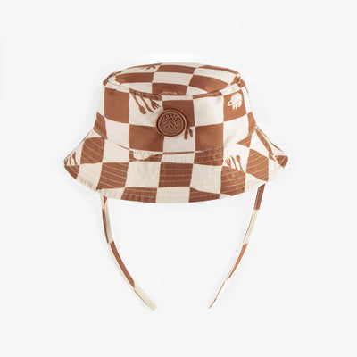 Chapeau de soleil crème à motifs de carreaux bruns, bébé || Cream sun hat with brown plaid pattern, baby