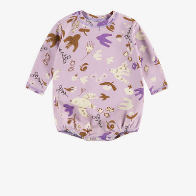 Maillot de bain une pièce mauve à motifs d’oiseaux, bébé || Purple long sleeved one piece swimwear with birds pattern, baby