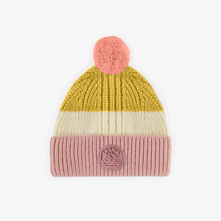 Tuque rose et jaune ligné de maille, bébé || Pink and yellow striped knitted toque, baby