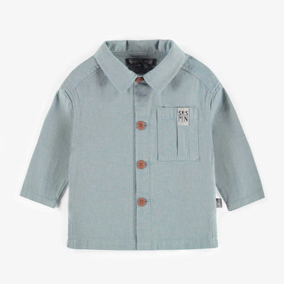 Chemise bleue à manches longues de lin et de coton, bébé || Blue long-sleeved shirt in linen and cotton, baby