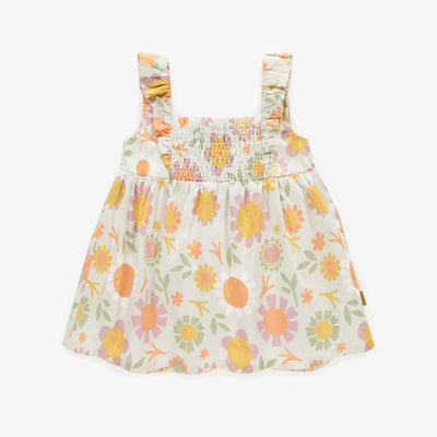 Robe crème avec motif de fleurs coloré en popeline, bébé || Cream dress with colorful flower pattern in poplin, baby