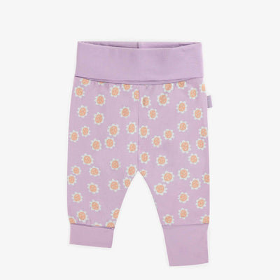 Pantalon évolutif mauve avec des fleurs rétro en jersey extensible, bébé || Purple evolutive pants with retro flowers in stretch jersey, baby