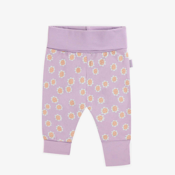 Pantalon évolutif mauve avec des fleurs rétro en jersey extensible, bébé || Purple evolutive pants with retro flowers in stretch jersey, baby