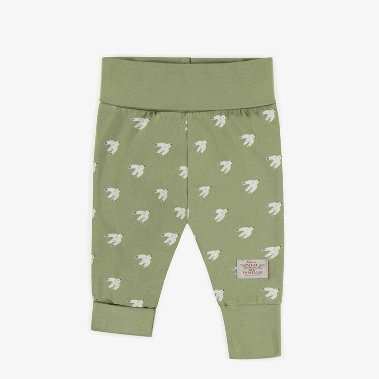 Pantalon évolutif vert avec des oiseaux blancs en coton biologiques, bébé || Green evolutive pants with white birds in organic cotton, baby