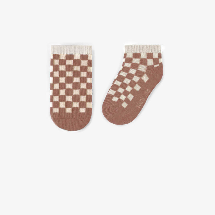 Chaussettes courtes brunes à carreaux, bébé || Brown plaid short socks, baby