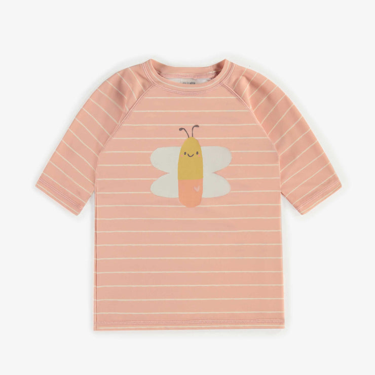 T-shirt de bain rose ligné avec un papillon à manches courtes, enfant || Pink short sleeved bathing t-shirt striped with a butterfly, child