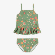 Maillot de bain deux-pièces vert à motifs de fleurs, enfant || Green two pieces swimsuit with flower pattern, child