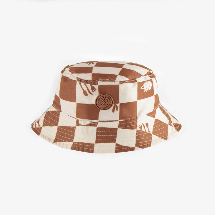 Chapeau de soleil crème et brun à motifs de carreaux, enfant || Cream and brown sun hat with plaid pattern, child