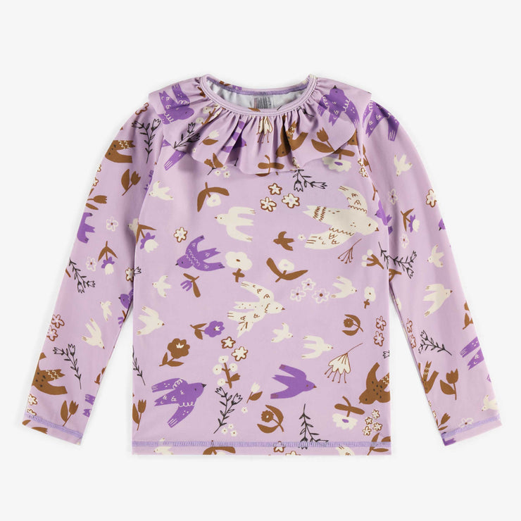 T-shirt de bain mauve à manches longues à motifs d’oiseaux, enfant || Purple bathing t-shirt with long sleeves and birds pattern, child