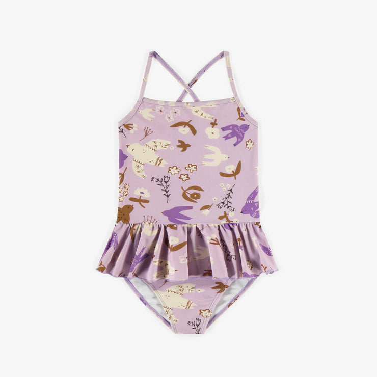 Maillot de bain une pièce mauve à motif d’oiseaux, enfant || Purple one-piece swimsuit with birds pattern, child