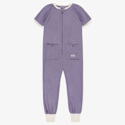 Pyjama une-pièce mauve à manches courtes en ratine, enfant || Purple one-piece pyjama with short sleeves in terry, child
