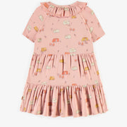 Robe rose à motifs à manches courtes avec volants étagés, enfant || Pink patterned short-sleeved dress with tiered ruffles, child