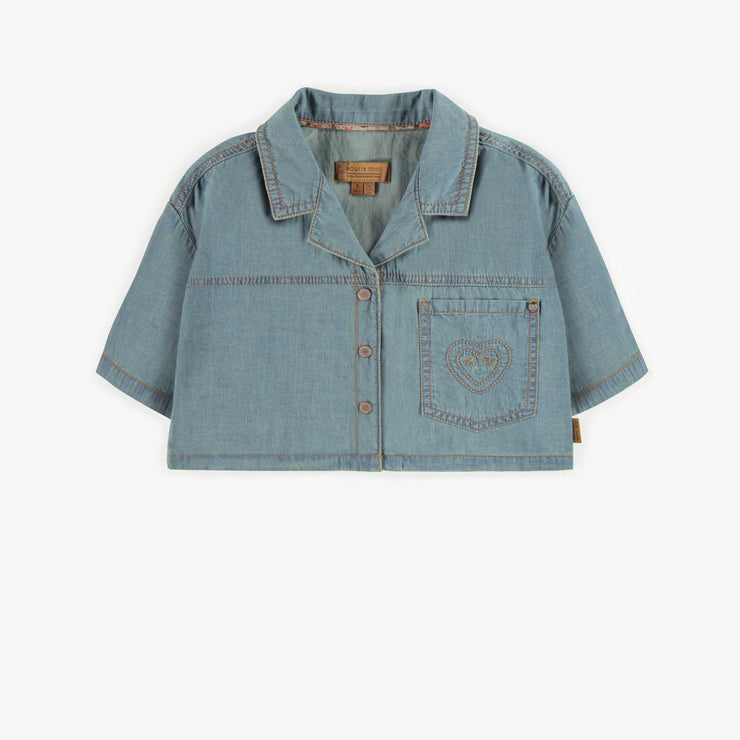 Chemise écourtée à manches courtes en denim, enfant || Shortened shirt with short sleeves in denim, child