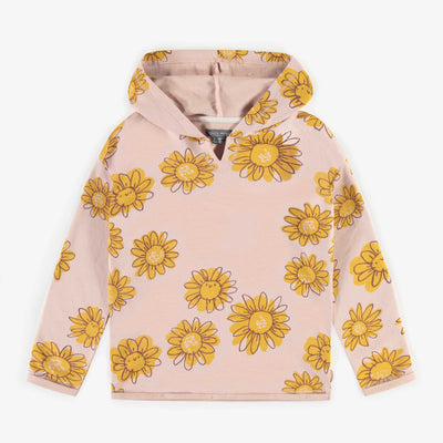 Chandail rose à capuchon avec fleurs jaunes en coton français, enfant || Pink flowery hoodie in french terry, child