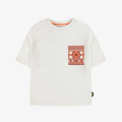 T-shirt crème avec une poche à motif en coton, enfant || Cream T-shirt with pattern pocket in cotton, child