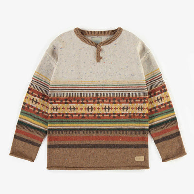 Chandail de maille brun ligné, enfant || Brown striped crewneck in knitwear, child