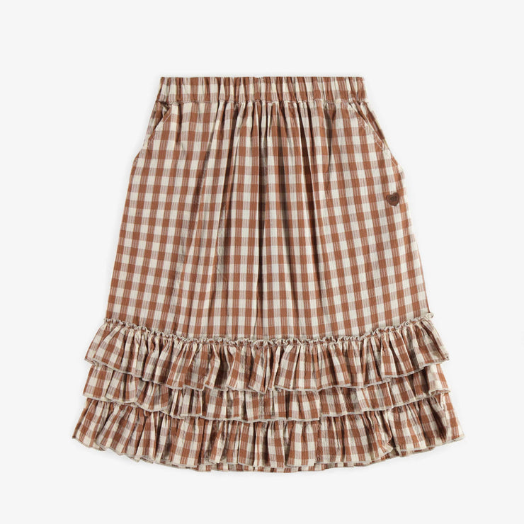 Jupe à carreaux crème et brun en seersucker, enfant || Cream and brown checkered skirt in seersucker, child