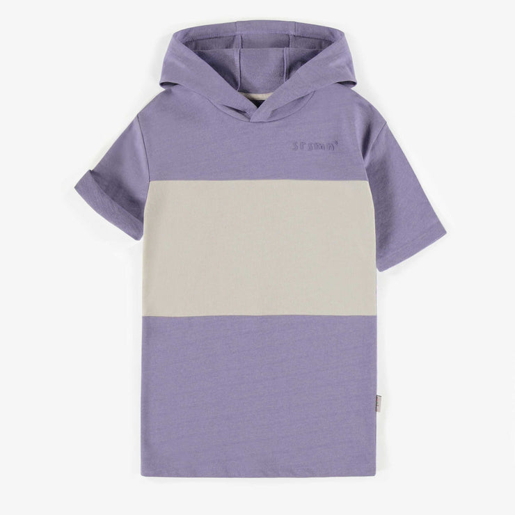 Robe tunique mauve à capuchon en coton français recyclé, enfant || Purple hooded tunic dress in recycled french terry, child