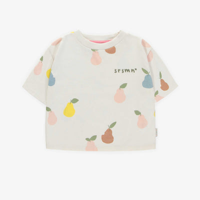 T-shirt crème à motifs de poires à manches courtes en coton, enfant || Cream pear patterned short-sleeved t-shirt in cotton, child