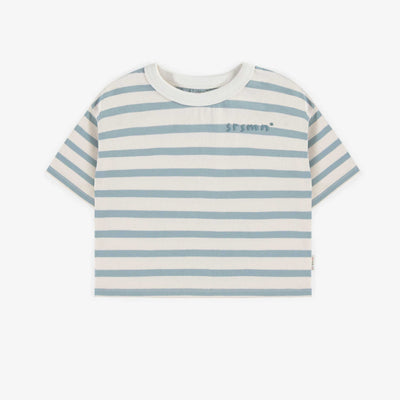 T-shirt crème et bleu ligné à manches courtes en coton, enfant || Cream and blue striped short-sleeved t-shirt in cotton, child