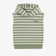 Chandail sans manche à capuchon vert ligné en coton doux, enfant || Green striped sleeveless sweater in soft cotton, child