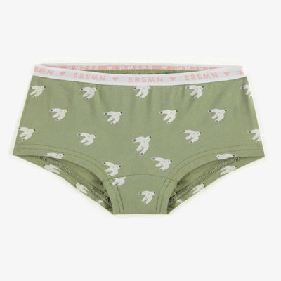 Culotte garçonne verte avec oiseaux blancs en coton extensible, enfant || Green boycut panties with white birds in stretch cotton, child