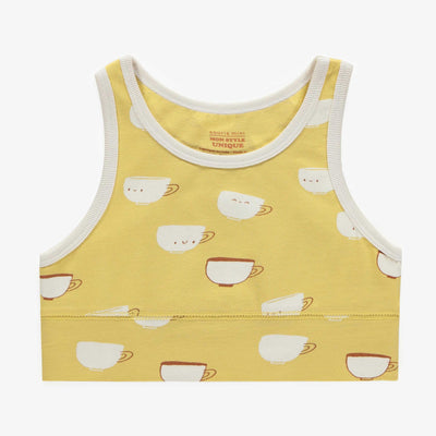 Camisole courte jaune pâle avec motif de tasses en coton extensible, enfant  || Light yellow short camisole with mugs  pattern in stretch cotton, child