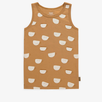 Camisole brune avec tasses en coton, enfant  || Brown camisole with a pattern of mugs in cotton, child