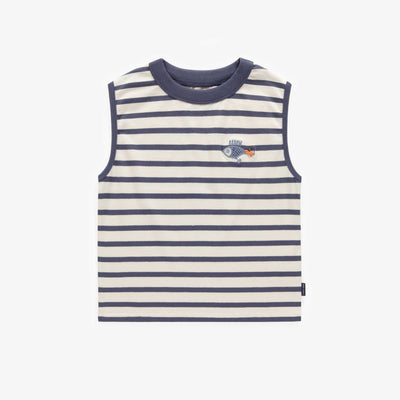 T-shirt sans manche crème et marin ligné en coton, enfant || Striped cream and navy sleeveless t-shirt in cotton, child