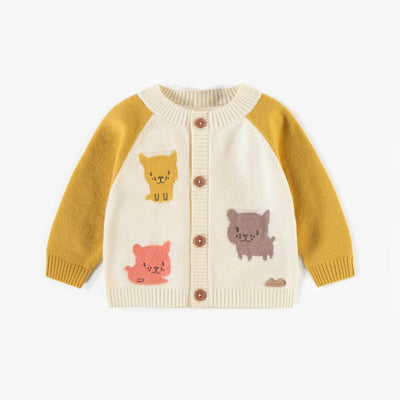 Veste de maille crème avec illustrations d’animaux, naissance || Cream patterned vest in knitwear, newborn