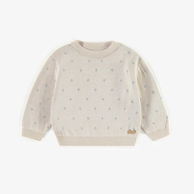 Chandail crème à motifs en maille avec pois bleu, naissance || Cream patterned sweater with blue dots, newborn