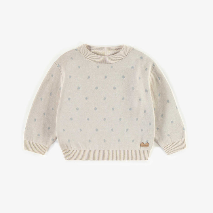 Chandail crème à motifs en maille avec pois bleu, naissance || Cream patterned sweater with blue dots, newborn
