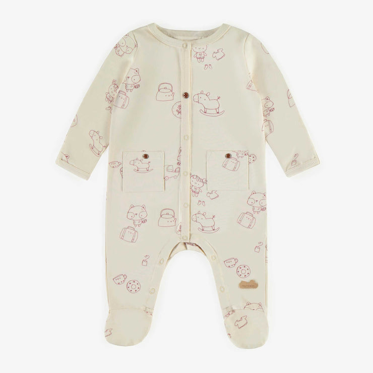 Pyjama crème à motifs en coton biologique, naissance || Cream patterned pyjama in organic cotton, newborn