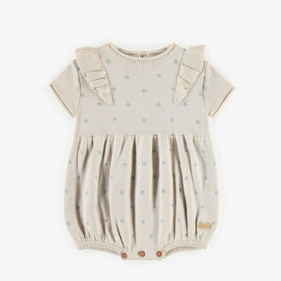 Robe cache-couche crème à pois bleu en maille, naissance || Cream patterned onesie dress with blue polka dots, newborn