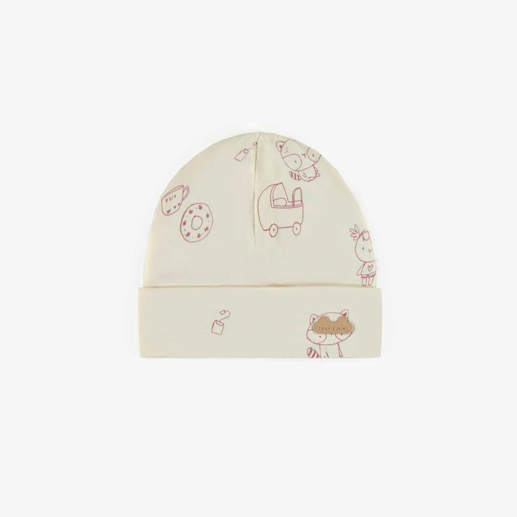 Bonnet crème à motifs en coton biologique, naissance || Red patterned hat in organic cotton, newborn