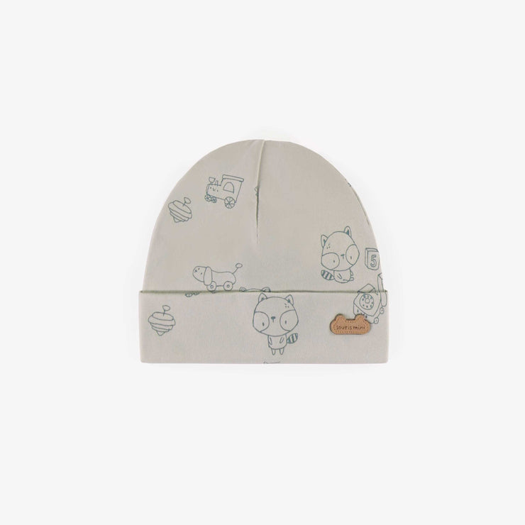 Bonnet gris à motifs en coton biologique, naissance || Gray patterned hat in organic cotton, newborn