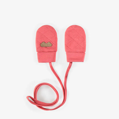 Mitaines corail de jersey matelassé à cordon, naissance || Coral mittens in bonded jersey with string, newborn