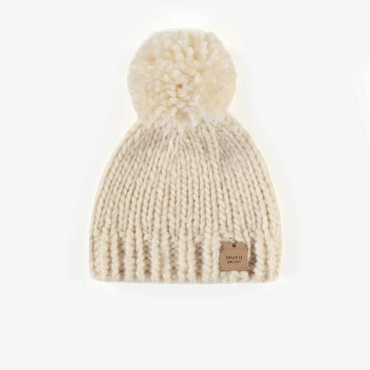 Chapeau de tricot crème avec pompon, naissance || Cream hat in soft and warm knit, with a pompom, newborn