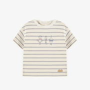 T-shirt crème ligné en coton, naissance || Cream t-shirt with blue stripes in cotton, newborn