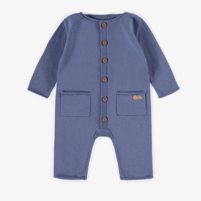 Une-pièce bleu en maille extensible à manches longues, naissance || Blue long-sleeved one-piece in stretchy knitwear, newborn
