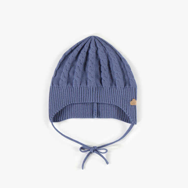Chapeau bleu en maille avec cordons, naissance || Blue knitted hat with cords, newborn