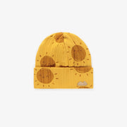 Bonnet jaune à motifs en coton biologique, naissance || Yellow patterned hat in organic cotton, newborn
